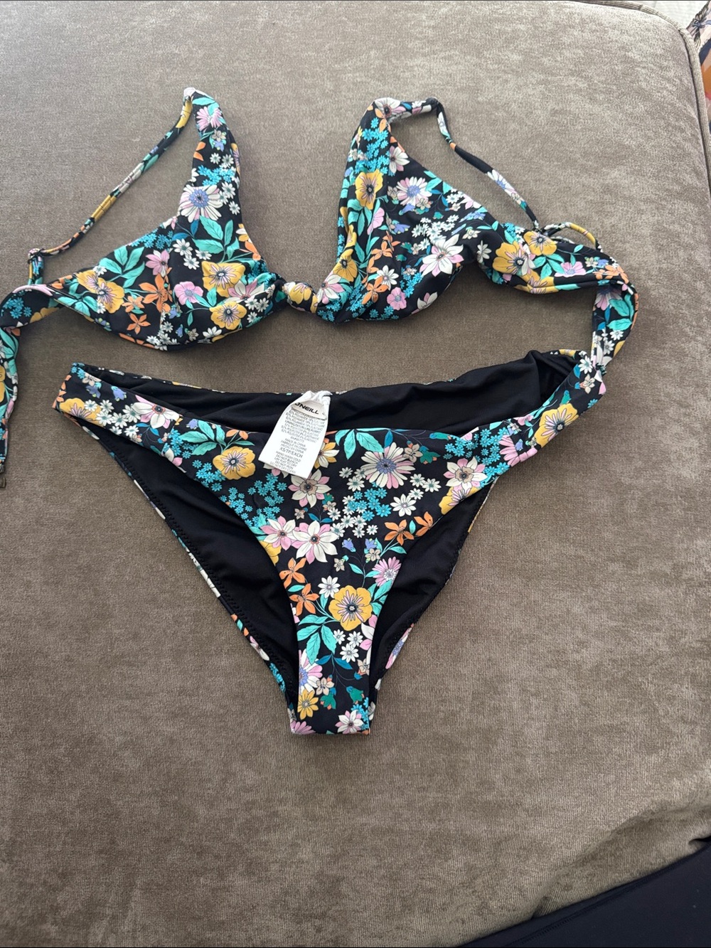 O'Neill Floral Black Bikini with Yellow, Teal, Pink Accents